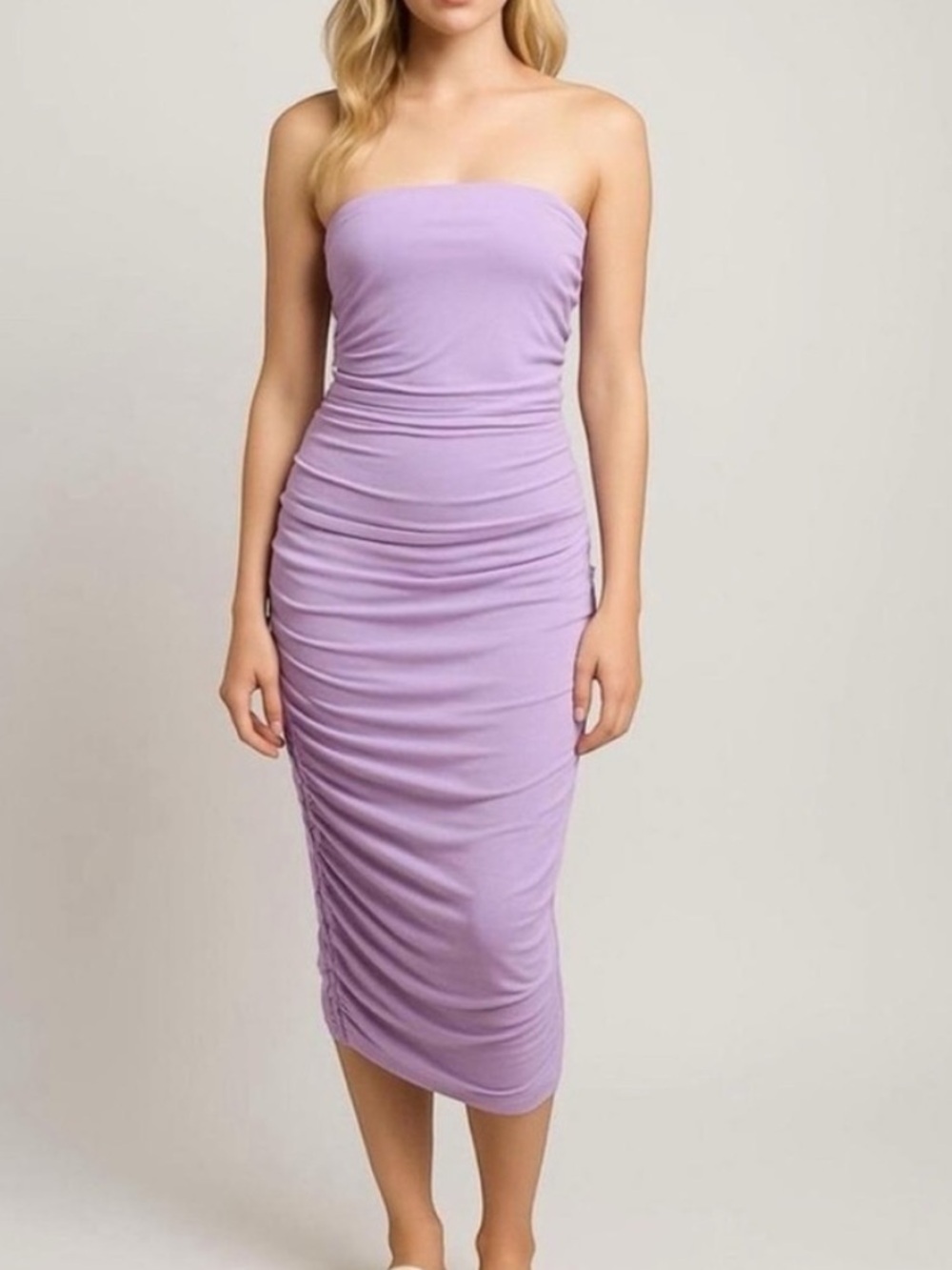 New Large Purple Sincerely Jules Ruched Strapless Bodycon Midi Dress